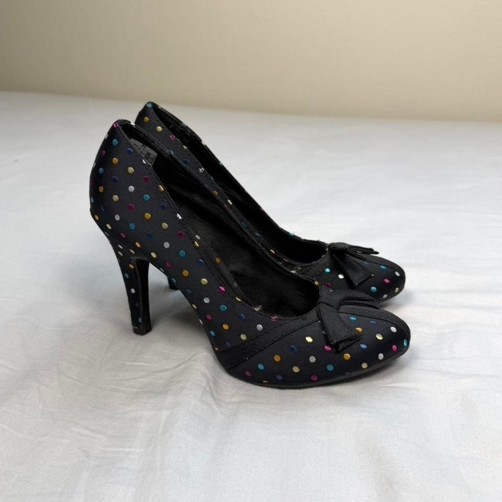 Vintage y2k Rocket Dog black with multicolour polka dots heels shoes with bow
